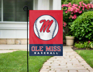 red and blue ole miss baseball garden flag hung outside from garden flag stand