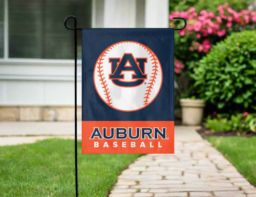 blue and orange auburn baseall garden flag hung outside from garden flag stand