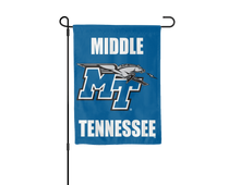 Load image into Gallery viewer, blue middle Tennessee State University garden flag hanging on black garden flag stand
