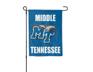 blue middle Tennessee State University garden flag hanging on black garden flag stand