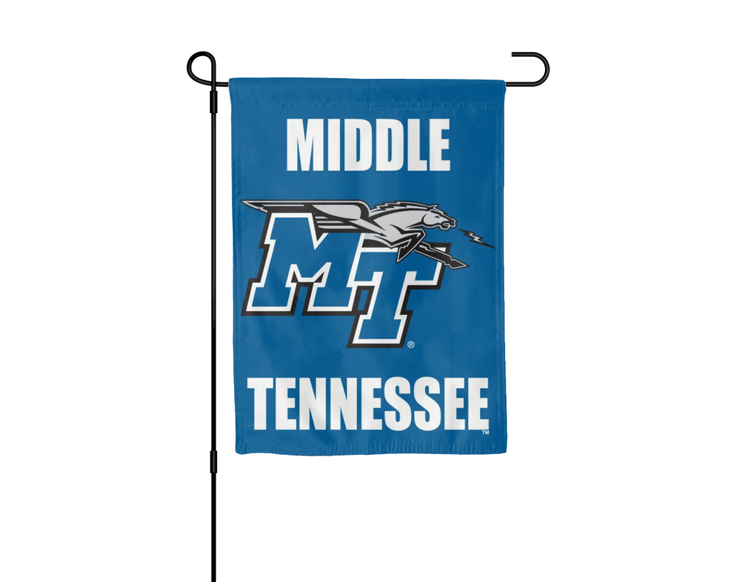 blue middle Tennessee State University garden flag hanging on black garden flag stand
