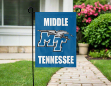 Load image into Gallery viewer, blue middle tennessee state university garden flag hung outside from garden flag stand
