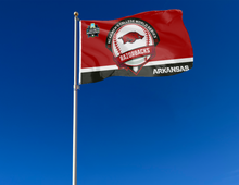 Load image into Gallery viewer, Red and black Arkansas Baseball College World Series 2025 Flag attached to flagpole waving in the wind
