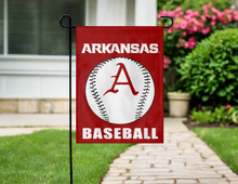 Load image into Gallery viewer, red arkansas baseball garden flag hung outside from garden flag stand
