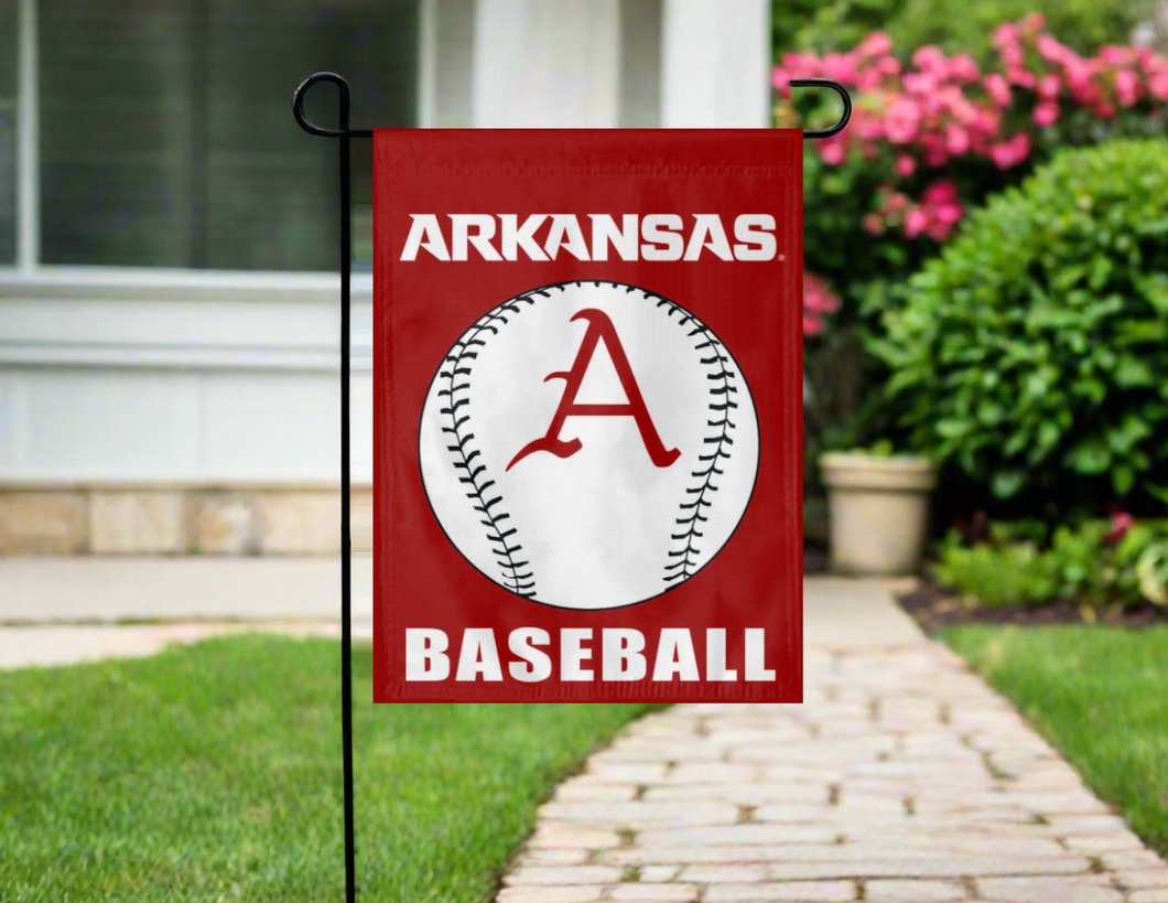red arkansas baseball garden flag hung outside from garden flag stand
