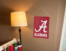 Load image into Gallery viewer, red university of alabama garden flag hanging on banner pole inside room
