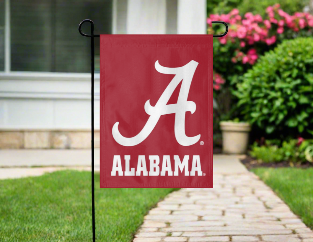 red university of alabama garden flag hung outside from garden flag stand