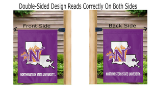 purple northwestern state university garden flag displayed from both sides