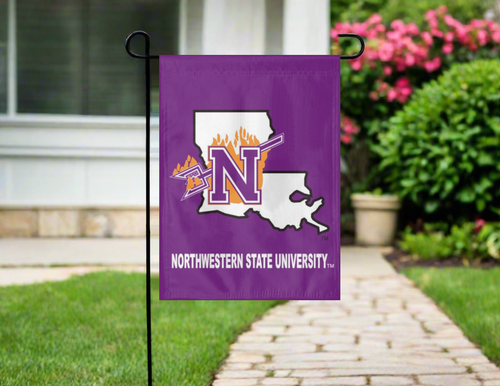 purple northwestern state university garden flag hung outside from garden flag stand