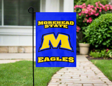Load image into Gallery viewer, blue morehead state university eagles garden flag hung outside from garden flag stand
