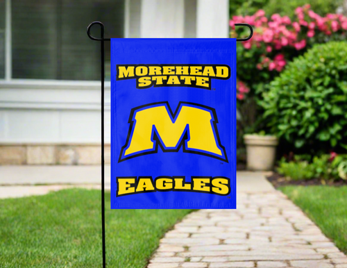 blue morehead state university eagles garden flag hung outside from garden flag stand
