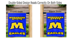 Load image into Gallery viewer, blue morehead state garden flag with M eagles logo displayed from both sides hanging from a mailbox flagpole
