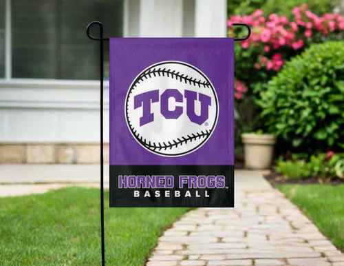 purple and black TCU baseball garden flag hung outside from garden flag stand