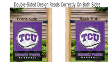 Load image into Gallery viewer, purple and black TCU Baseball Garden flag hanging on mailbox flagpole displayed from both sides
