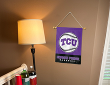 Load image into Gallery viewer, purple and black TCU Baseball Garden flag hanging on banner pole inside room
