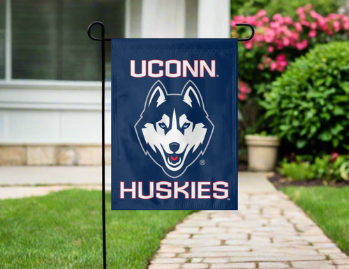 blue uconn garden flag hung outside from garden flag stand