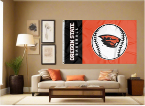 Black and Orange 3x5 Oregon State Baseball Flag with two metal grommets covering tan wall of well lit room
