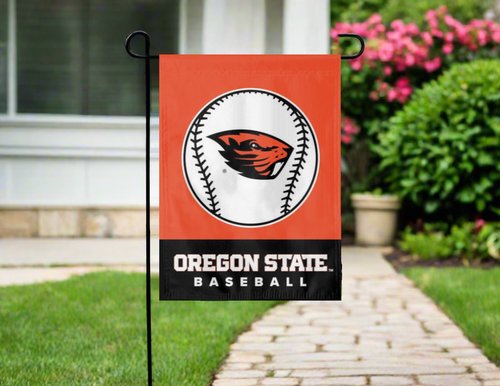 orange and black Oregon state baseball garden flag hung outside from garden flag stand