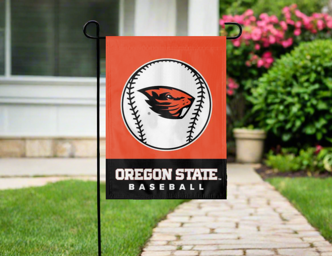orange and black Oregon state baseball garden flag hung outside from garden flag stand