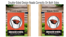 Load image into Gallery viewer, Oregon State Baseball Garden Flag hanging on mailbox flagpole
