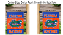 Load image into Gallery viewer, blue and orange university of florida garden flag hanging on mailbox flagpole displayed from both sides
