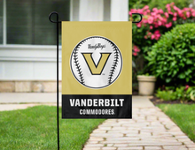 Load image into Gallery viewer, gold and black vanderbilt baseball garden flag hung outside from garden flag stand
