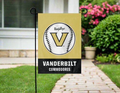 gold and black vanderbilt baseball garden flag hung outside from garden flag stand