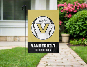 gold and black vanderbilt baseball garden flag hung outside from garden flag stand