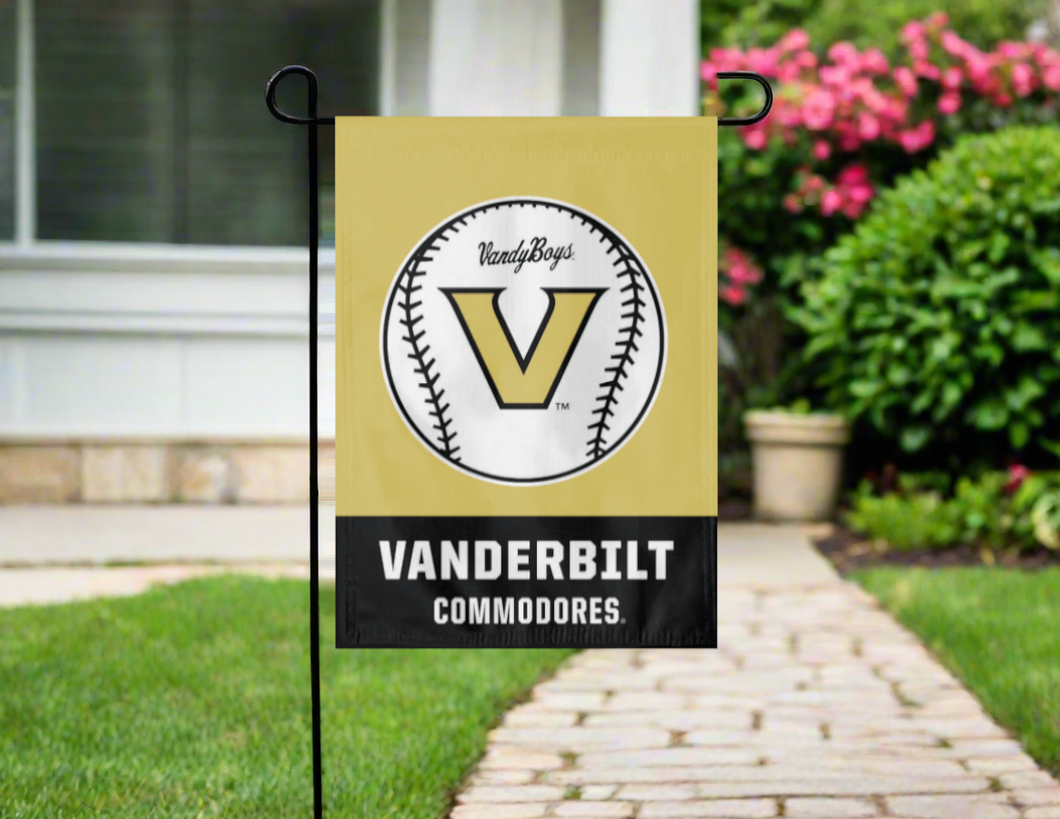 gold and black vanderbilt baseball garden flag hung outside from garden flag stand
