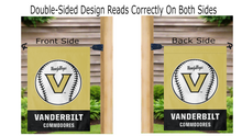 Load image into Gallery viewer, gold and black vanderbilt baseball garden flag displayed from both sides hanging on a mailbox flagpole
