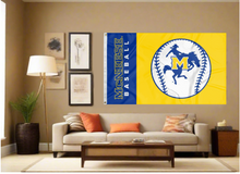 Load image into Gallery viewer, Gold and Blue 3x5 McNeese Baseball Flag with two metal grommets covering tan wall of well lit room

