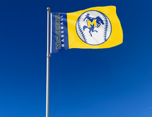 Load image into Gallery viewer, Gold and Blue 3x5 McNeese Baseball Flag with two metal grommets attached to flagpole waving in the wind
