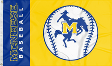Load image into Gallery viewer, Gold and Blue 3x5 McNeese Baseball Flag with two metal grommets for sports décor
