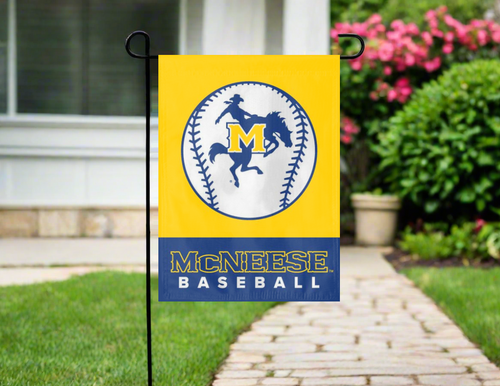 mcneese baseball garden flag hung outside from garden flag stand