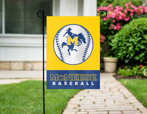 mcneese baseball garden flag hung outside from garden flag stand