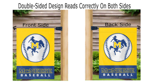 Gold and blue McNeese Baseball Garden Flag displayed from both sides hanging from mailbox flagpole