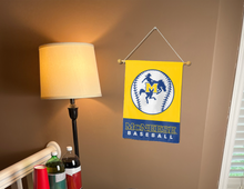 Load image into Gallery viewer, Gold and blue McNeese Baseball Garden Flag hanging on banner pole inside living room
