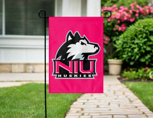 red northern illinois university garden flag hung outside from garden flag stand