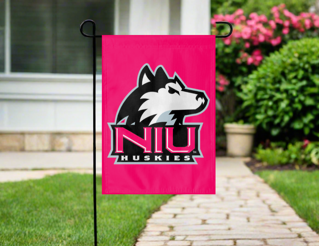red northern illinois university garden flag hung outside from garden flag stand