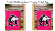 Load image into Gallery viewer, red northern illinois university garden flag with NIU Huskies logo displayed from both sides
