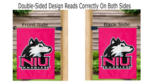 red northern illinois university garden flag with NIU Huskies logo displayed from both sides