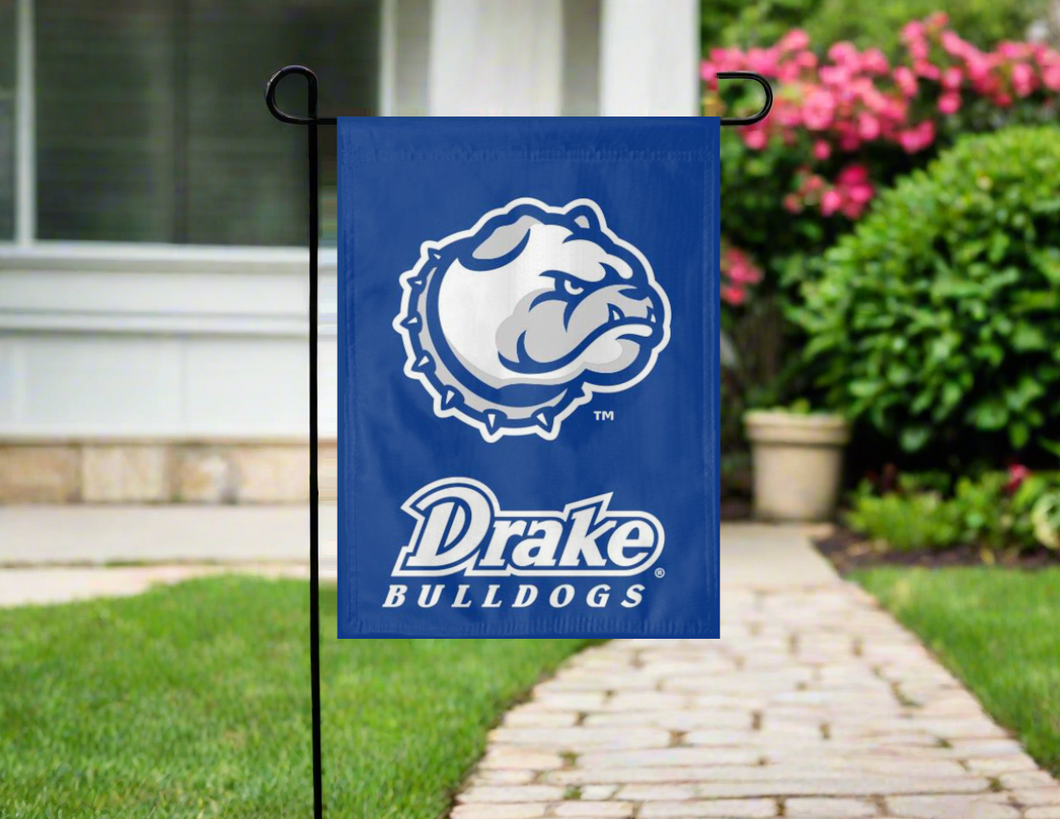 blue drake university garden flag hung outside from garden flag stand