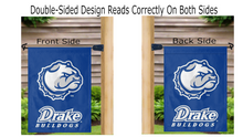 Load image into Gallery viewer, blue drake university garden flag hung from mailbox flagpole displayed from both sides
