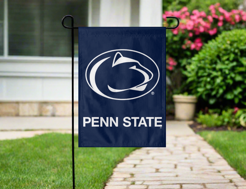 blue penn state garden flag hung outside from garden flag stand