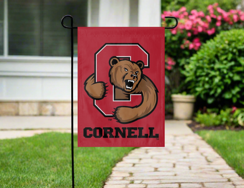 red cornell universty garden flag hung outside from garden flag stand