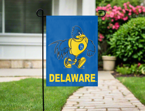 blue University of Delaware YoUDee Garden Flag hung outside from garden flag stand