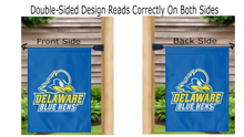 Load image into Gallery viewer, University of Delaware Blue Hens Garden Flag hung from mailbox flagpole displayed from both sides
