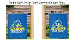 University of Delaware Blue Hens Garden Flag hung from mailbox flagpole displayed from both sides
