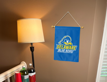 Load image into Gallery viewer, University of Delaware Blue Hens Garden Flag hung from banner pole inside living room
