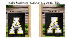 Load image into Gallery viewer, black appalachian state garden flag displayed from both sides hung from mailbox flagpole

